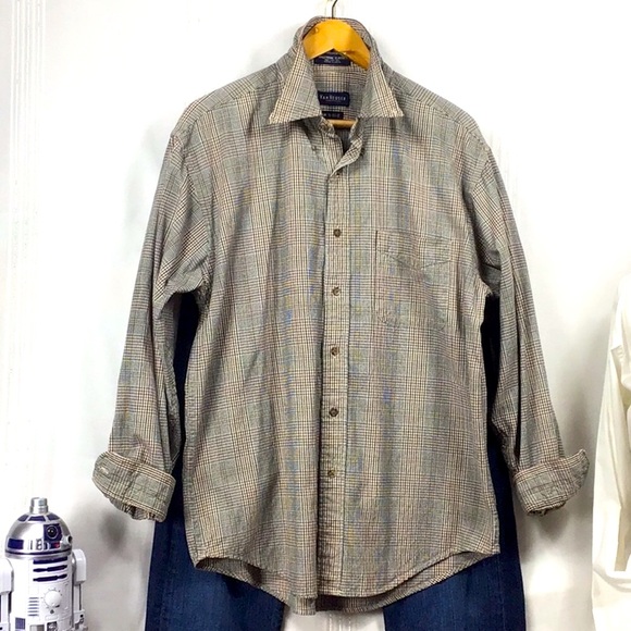 VAN HEUSEN Black Brown Glen Plaid 💯% Cotton Long Sleeve - Picture 8 of 8